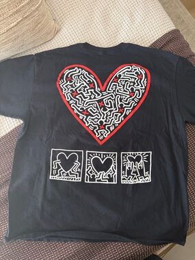 Keith Haring Black Graphic Tee with Red & White Heart Design